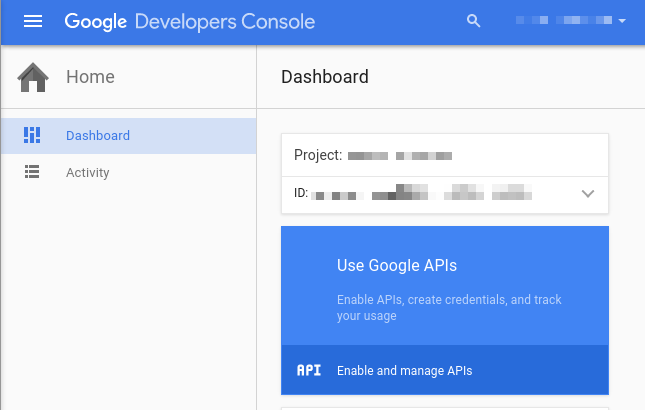 Project dashboard, with all project options.