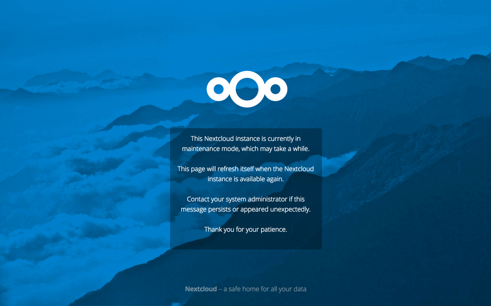 Nextcloud status screen informing users that it is in maintenance mode.