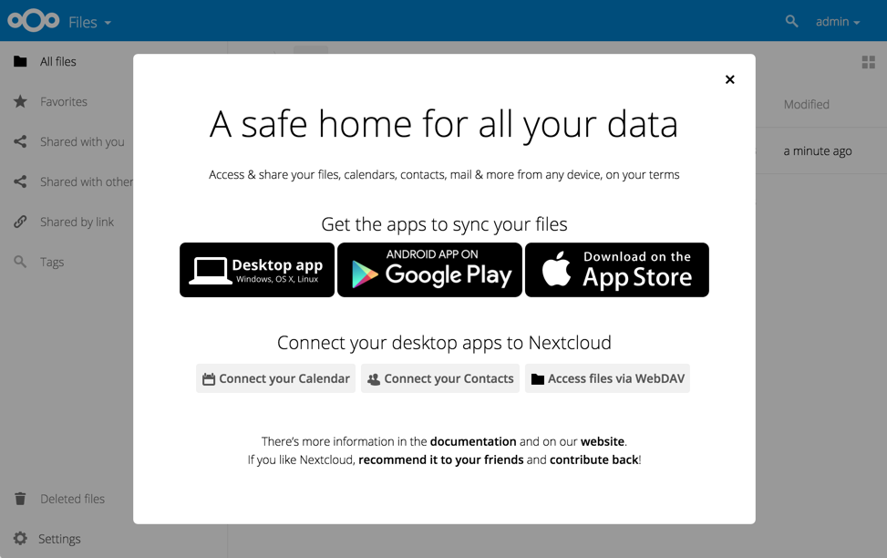 Nextcloud welcome screen after a successful installation